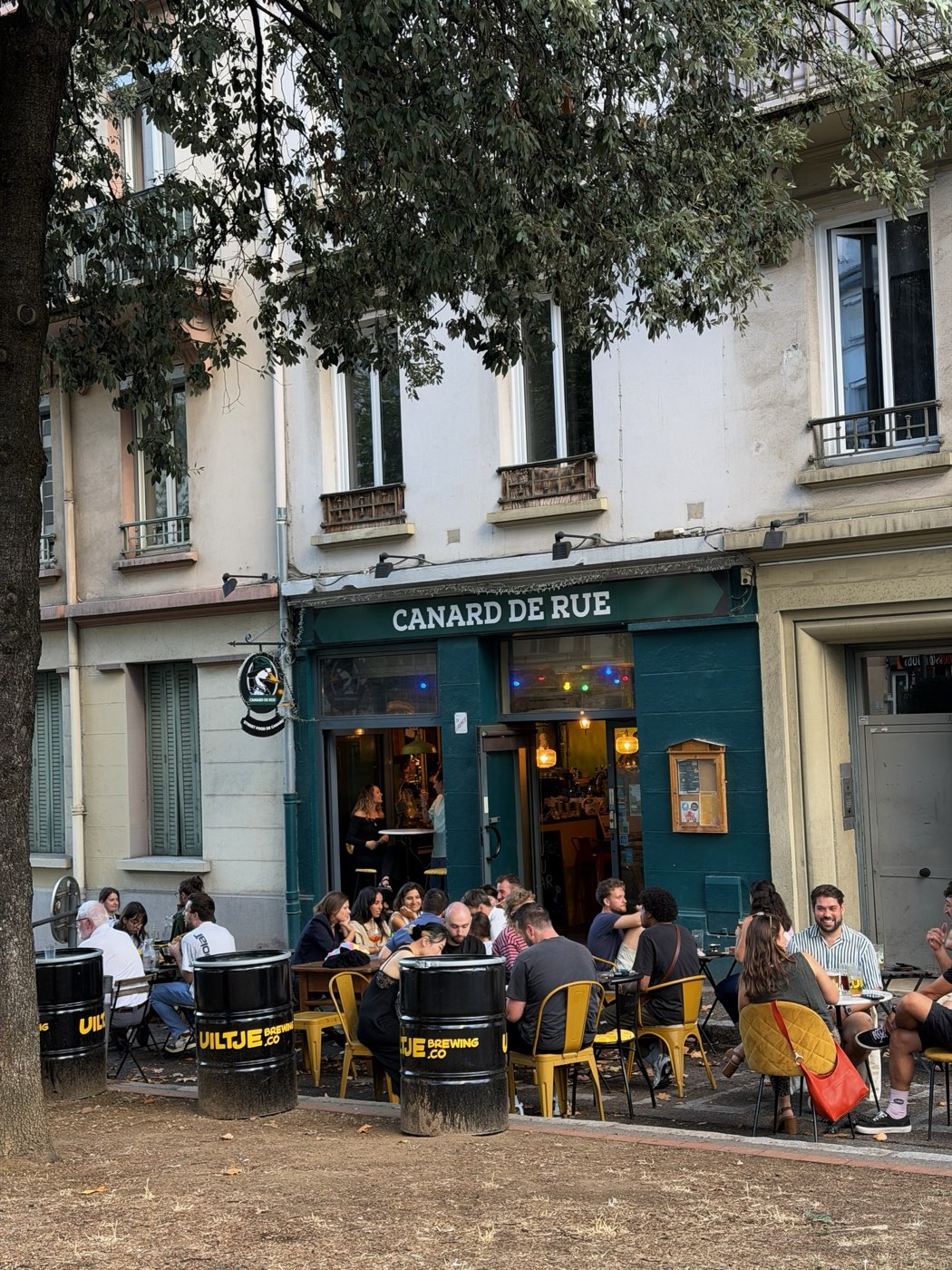 La terrasse du Canard De Rue pleine de monde sous les arbres, devant la façade verte, rue St Maximin